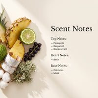 Triumph scent notes — top pineapple, bergamot, blackcurrant; heart birch; base oakmoss, musk